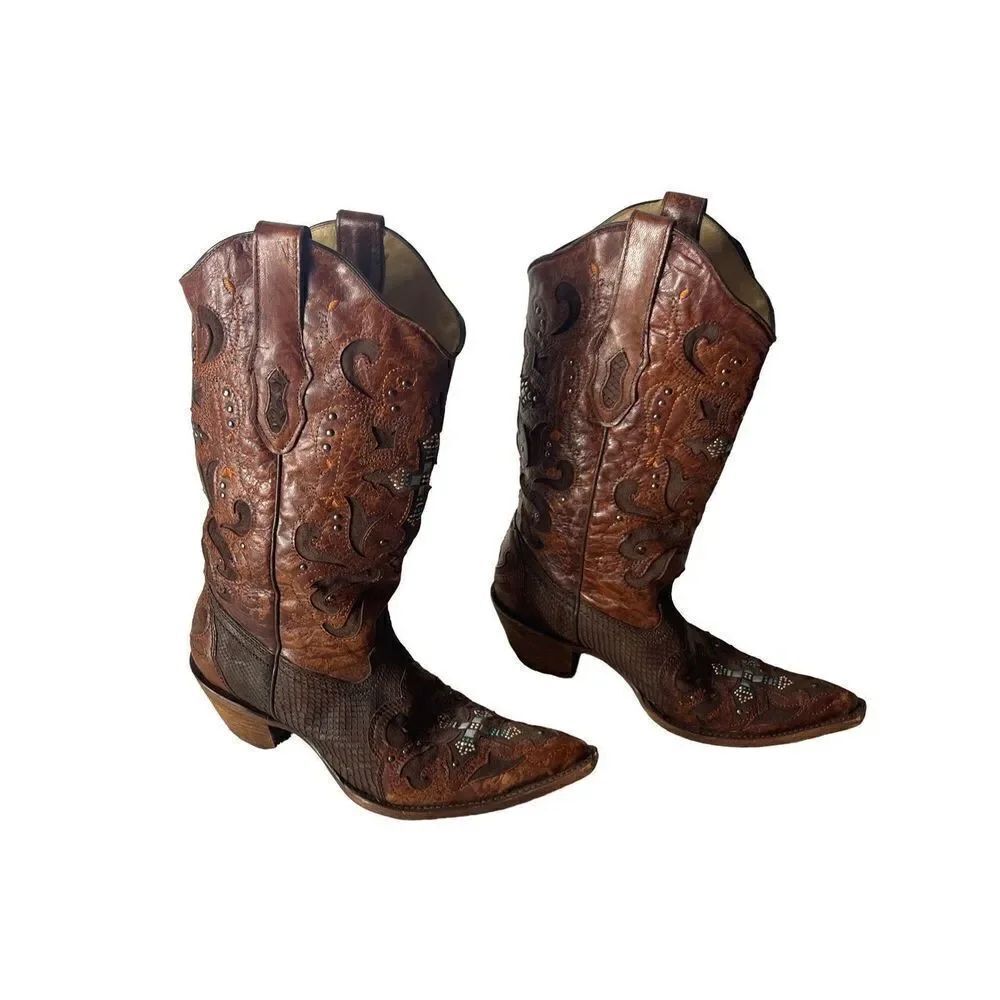 Corral Women's Corral Brown Python Crystal Cross Pointed Toe Western Cowgirl Boo